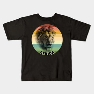 Male Lion Face Close-up on Vintage Retro Africa Sunset Kids T-Shirt